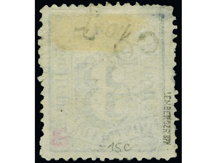 3 Schilling blau, farbfrisch, mit gutem Teilabschlag des Kreisbogenstempels “(HEL)IGOLAND SP (1)866”, etwas fehlerhaft, optis
