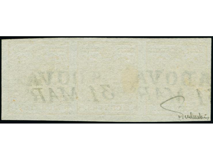 1850, Handpapier, 5 C. ockergelb, waagerechter Dreierstreifen, sehr schön farbfrisch, allseits voll- bis meist breitrandig ge