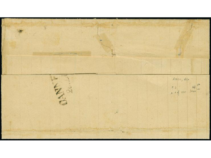 1850, Handpapier, 5 C. ockergelb, waagerechter Dreierstreifen, sehr schön farbfrisch, allseits voll- bis breitrandig geschnit