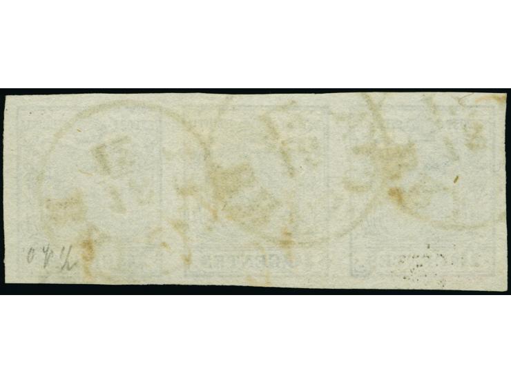 1850, Handpapier, 10C. schwarz, waagerechter Dreierstreifen, farbfrisch und allseits voll- bis meist breitrandig geschnitten,