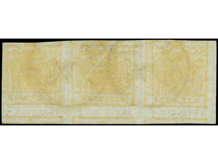 1 Kr. gelb mit doppelseitigen Druck (aufrecht stehend) und zusätzlich leichtem Maschinenabklatsch, waagerechter 3er-Streifen,