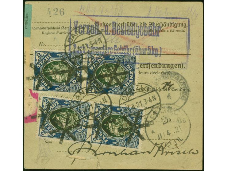 Germania mit lebhaftlilagrauem Netzunterdruck 3 Mark auf 7½ Pfennig, drei Einzelwerte mit Sicherungslochung und Stempel “DANZ