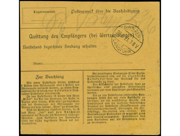 “TIEGENHOF *b* 28.6.21” auf Paketkarten-Stammteil mit Kogge 3 Mark mit sechsstrahligem Kork-Sternenstempel nach Danzig-Langfu