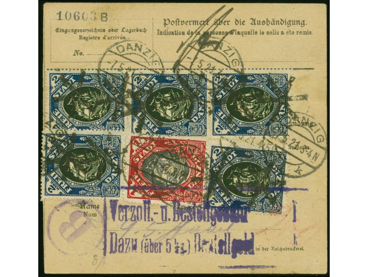 Kogge 1 Mark sowie senkrechter Dreierstreifen und drei Einzelmarken 2 Mark je mit sechsstrahligem Kork-Sternenstempel (außer 