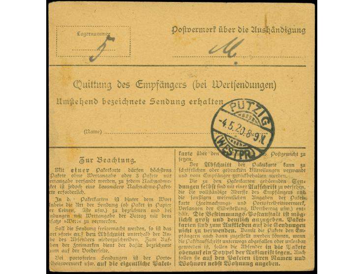 Germania 75 Pfennig im senkrechten Paar mit Stempel “DANZIG *5c 4.5.20” auf Paketkarten-Stammteil mit Vordruck “(Zeitungen)” 