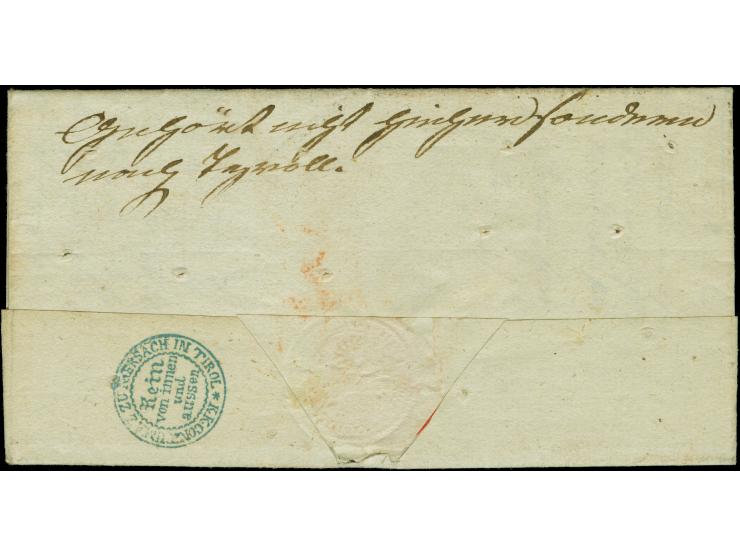 1832,"K.K.CONTUMAZ ZU NOERSACH IN TIROL/Rein von innen und aussen", DKr. In blau, glasklar rückseitig auf komplettem Dienstbr