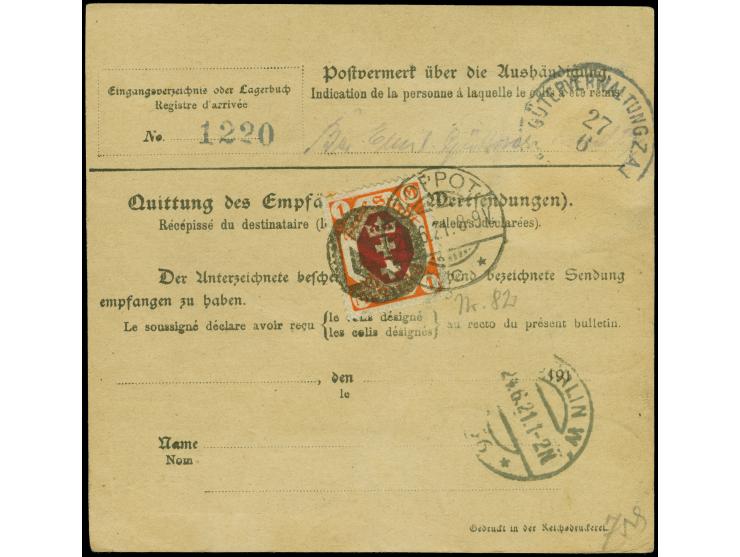 4 Mark und Staatswappen 1 Mark, jeweils zwei Einzelmarken mit Poststempel “ZOPPOT *c* 21.6.21” und zusätzlichem Korkstempel “