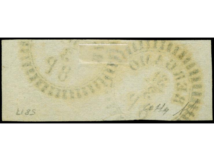 1850, Handpapier 5 Cmi. ockergelb im waagerechten 3er-Streifen, farbfrisch und breitrandig, mit klarem Mühlradstempel "BERGAM