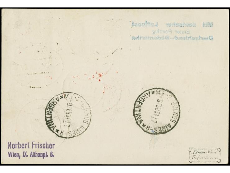 1934, 1. Postflug Deutschland-Südamerika, R-Karte mit Flugpost 2½ Gulden und 40 Pfennig sowie WHW 5 auf 5 Pfennig je mit Stem