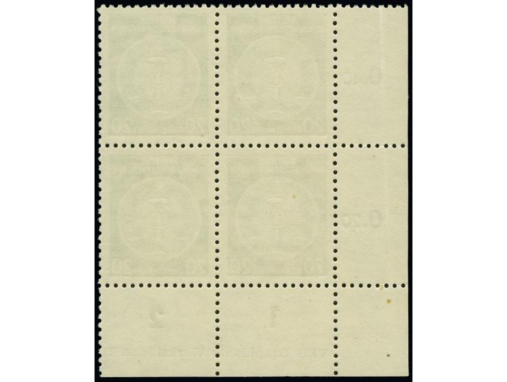 1954, 20 Pfg. in Zeichnungstype II auf gestrichenem Papier mit Wasserzeichen 2XII im Viererblock aus der linken unteren Bogen