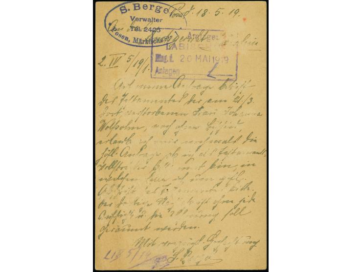 “CENZURA LABISZYN”, black two-line censor mark on Germania postal stationery card 7½ pfg. with additional franking 2½ pfg., h