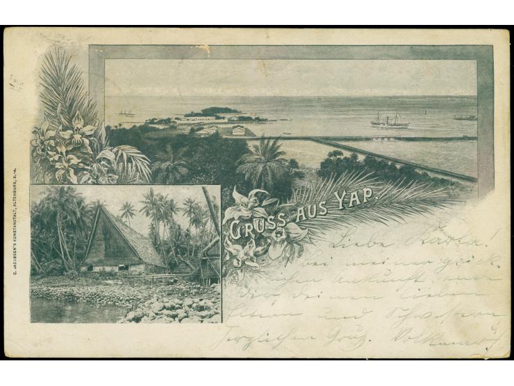 “DSP SYDNEY-HONGKONG *a 7.4.03” (Dampfer Oceana) auf Kaiseryacht 5 Pfennig auf Ansichtskarte “Gruss aus Yap” mit Text via Syd