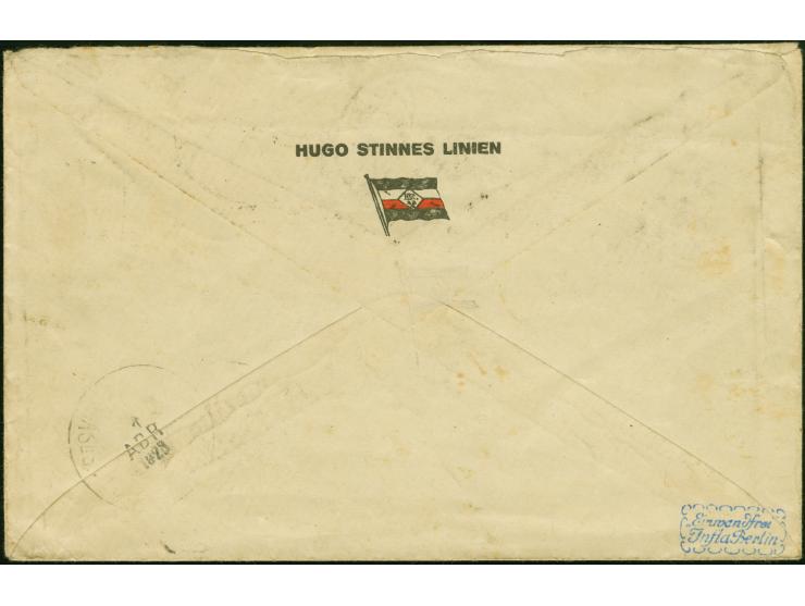 “DSP LINIE 31.3.23” (Dampfer General Bergrano) aptierter Schiffspost-Stempel mehrfach recht klar auf waagerechtem Paar und Ei