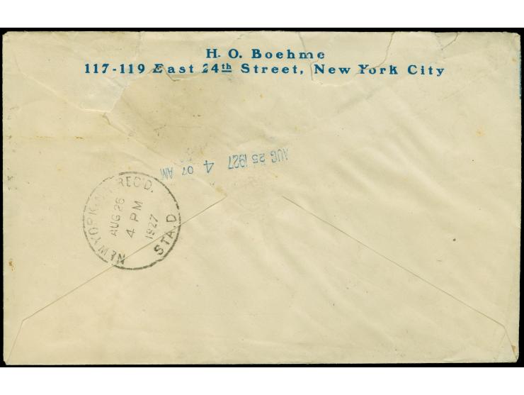 1927, USA George Washington 2 Cents und Eilmarke 10 Cents violett je mit Dublex-Stempel “NEW YORK G.P.O. AUG.26” auf Vordruck