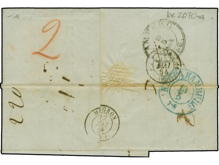 1854, ‘K.D.O.P.A. HAMBURG 13/5’ transit mark in blue on reverse, ‘DANEMARCK’ black octagonal cancellation (Handbook No. 19) c