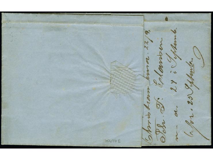 “JUPITER 22/9 1856”, blauer EKr. klar auf Faltbrief mit Oskar I. 4 Sk. blau mit Federzug nach Trondheim, leichter Archivbug o