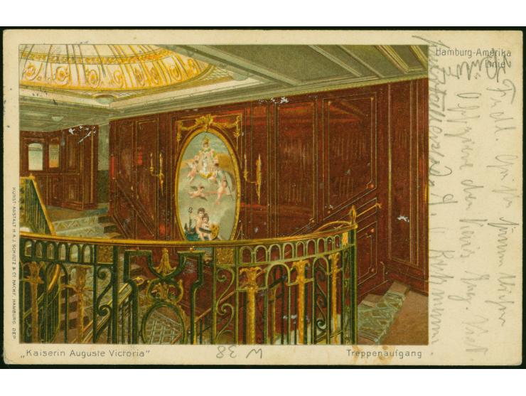 1909, "DEUTSCH-AMERIK. SEEPOST HAMBURG NEW-YORK a 14.5.09" auf AK „Kaiserin Auguste Victoria“ frankiert mit Germania 10 Pfg. 