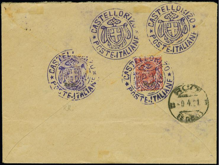 1921, Registered cover bearing “Rodi” overprinted seven values up to 50 c. dull violet on front and reverse, all tied by Coat
