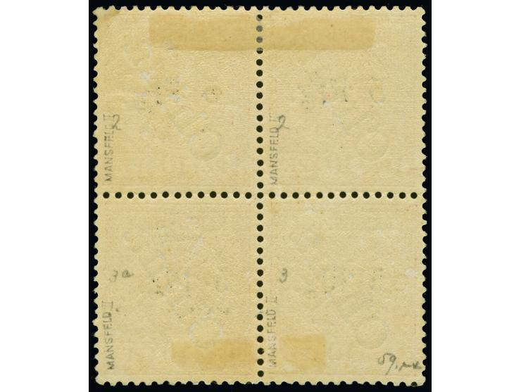 1900, 1. Tsingtau-Ausgabe mit steilem Aufdruck: 5 Pfg. auf 10 Pfg., Viererblock mit den Aufdrucktypen 2/2/3a/3, sauber ungebr