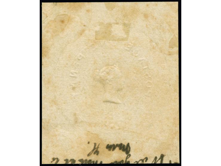 1840, (February), Wyon’s head without pendant curl and Whitings Engraving: Essay ONE PENNY in light blue, extremely rare essa