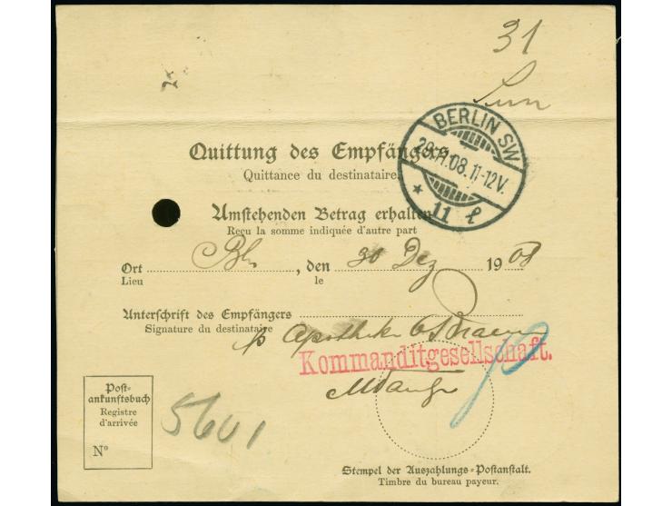 1908, Formular “Nachnahmepostanweisung für das Ausland” über 47,40 M. mit Stempel “TSINGTAU KIAUTSCHOU *a 10.11.08” nach Berl