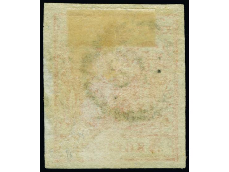 "PP" im Kreis, voll abgeschlagen, als zusätzliche Entwertung auf 3 Kr. rot, allseits breitrandig, mit nur schwachem Stempelab