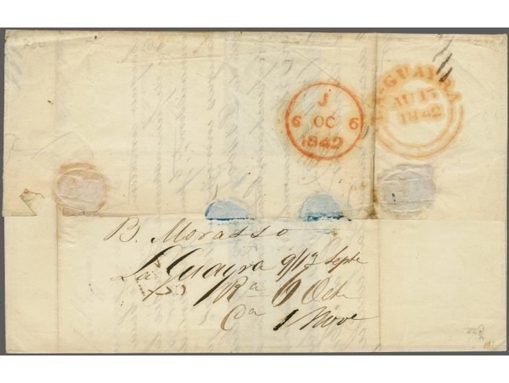 1842, "REPUBLICA COLOMBIA / Guayra Franca" large red oval mark on folded envelope with full message inside, on reverse britis