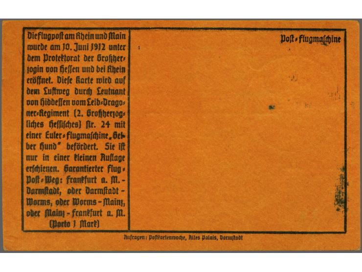 1912, Gelber Hund 1 M mit Zufrankatur 5 Pfg Germania mit Stempel "Flugpost am Rhein u. am Main Darmstadt 19.6.12" auf Karte a