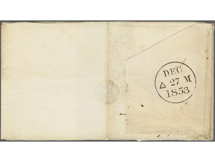 1853, PORT ADELAIDE SOUTH AUSTRALIA AU/27/1853 c.d.s. on envelope with 1/- rate and 6 d. registration ms. “per first ship” to