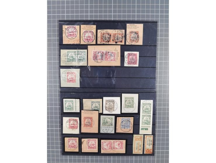 1897/1914, umfangreiche Sammlung mit ca. 180 Briefstücken und einigen losen Marken mit besseren Stempeln, Bahn- und Schiffpos