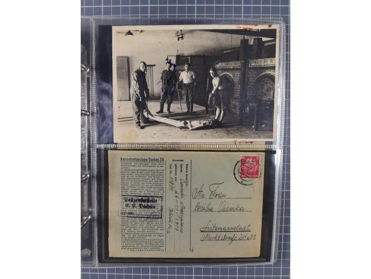 KZ Dachau, Dokumentation von 4 KZ-Briefen, einem Einlieferungsschein über 25 RM an einen Häftling im KZ Dachau, dazu ein größ