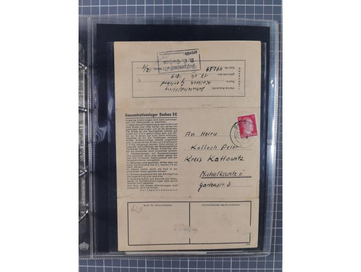 KZ Dachau, Dokumentation von 4 KZ-Briefen, einem Einlieferungsschein über 25 RM an einen Häftling im KZ Dachau, dazu ein größ