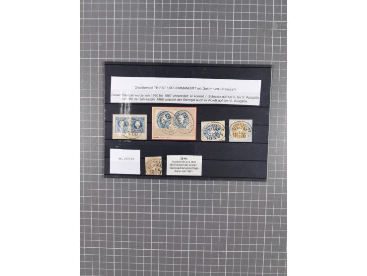 1858/64 (ca.), Reko-Stempel von Triest auf 3 Briefen, 4 Briefstücken und einem Ganzsachenausschnitt, dabei Orts-R-Brief und A