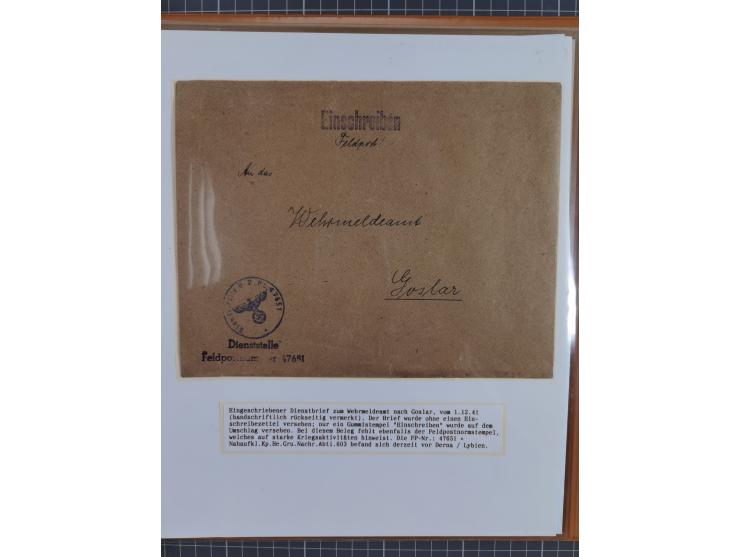 1941/46, interessante Sammlung “Der Krieg in der Wüste” mit vielen verschiedenen Einheiten und Feldpoststempeln, R-Dienstbrie