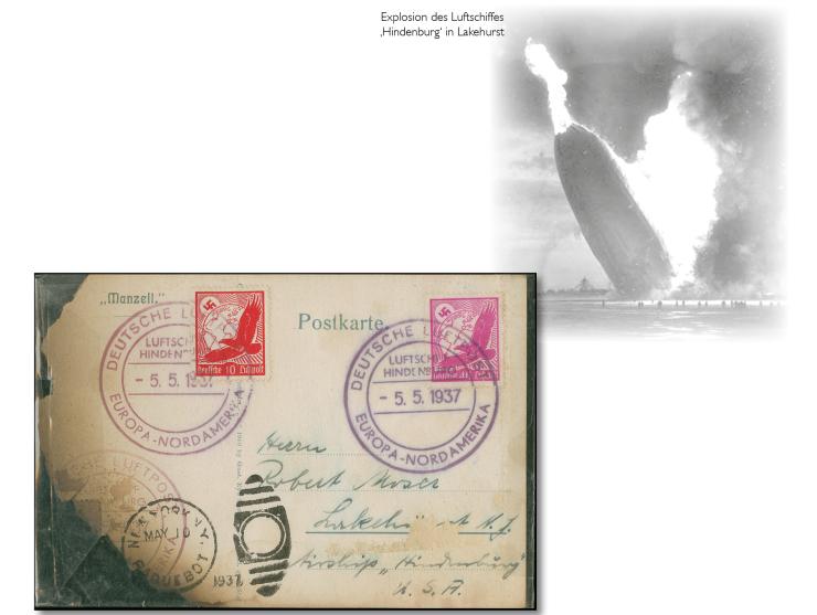 1937, 1. Nordamerikafahrt 1937 (Unglücksfahrt), sogenannte ‘Frankfurter Post’ mit Bordpoststempel inType I, Postkarte mit vio