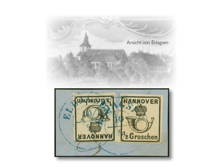 ½ Gr., voll- bis breitrandig, in wertstufengleicher Mischfrankatur mit 1864, ½ Gr. durchstochen, mit DKr. "ELDAGSEN 10/8" auf