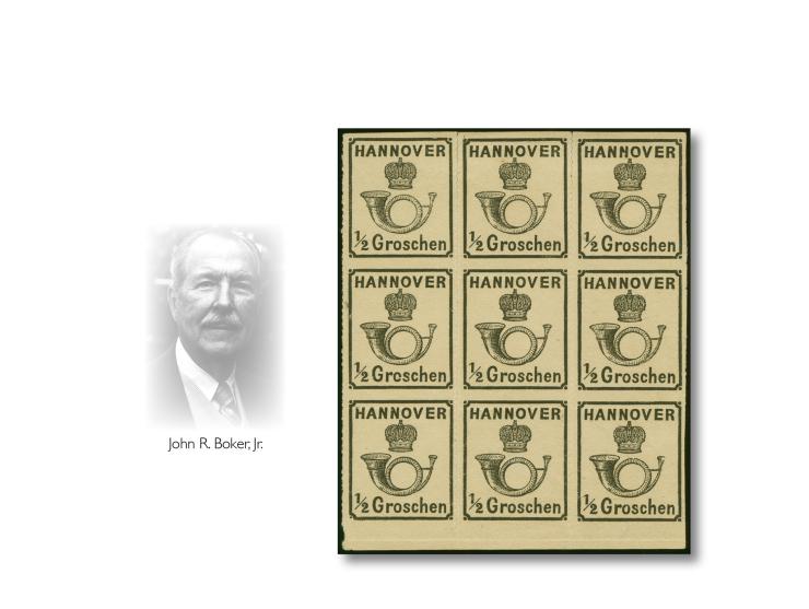 ½ Gr. schwarz im Unterrand-9er-Block, dabei die linke mittlere Marke mit Plattenfehler "gebrochenes 'o' in 'Groschen'", ungeb