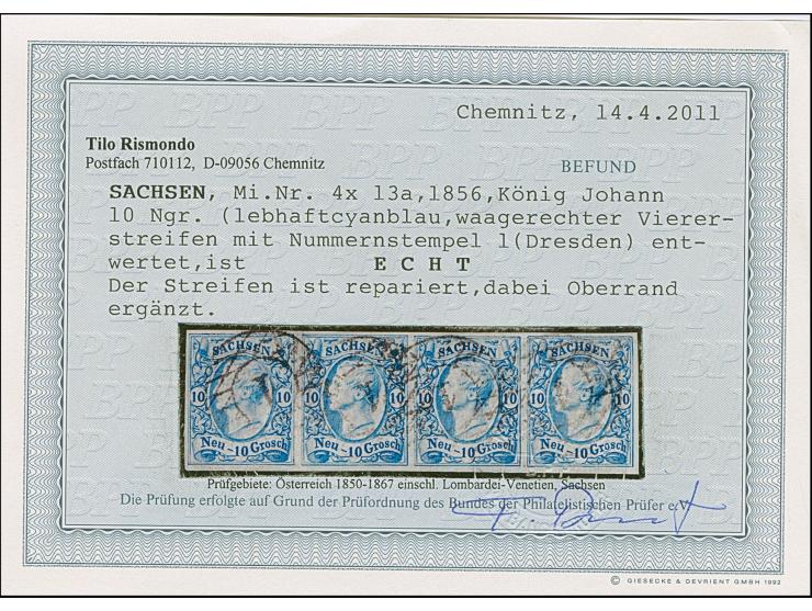 10 Ngr. milchblau, waagerechter Viererstreifen, leicht entwertet durch Nr. "1" DRESDEN; Oberrand ergänzt, sonst breitrandig. 