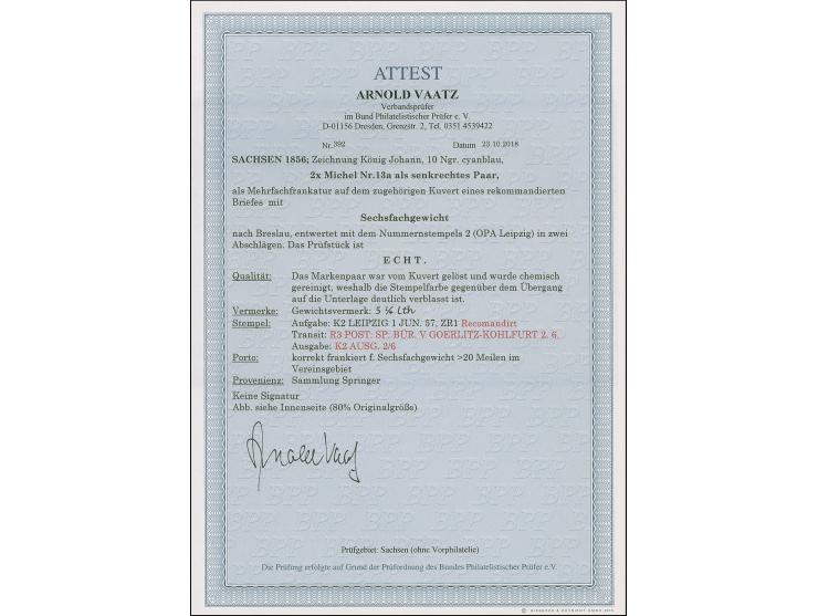 10 Ngr. milchblau im senkrechten Paar, voll- bis breitrandig, mit Nr. "2" auf rekommandiertem Leinenkuvert der 6. Gewichtsstu