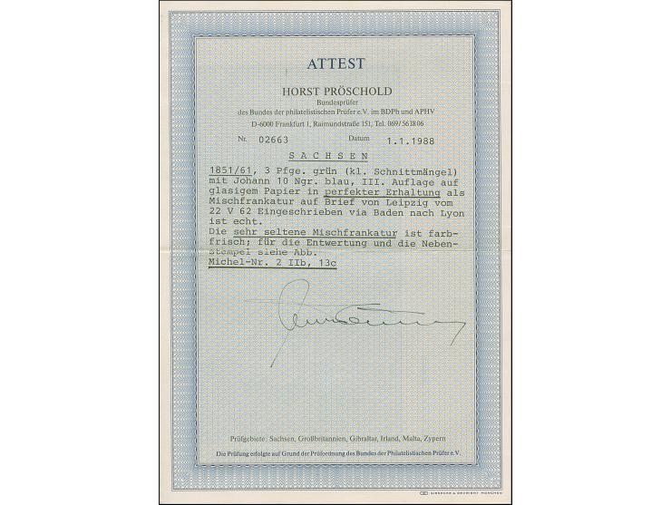 10 Ngr. blau, glasiges Papier, allseits breitrandig, zusammen mit leicht berührter Wappen 3 Pfg. grün, beide mit DKr. "LEIPZI