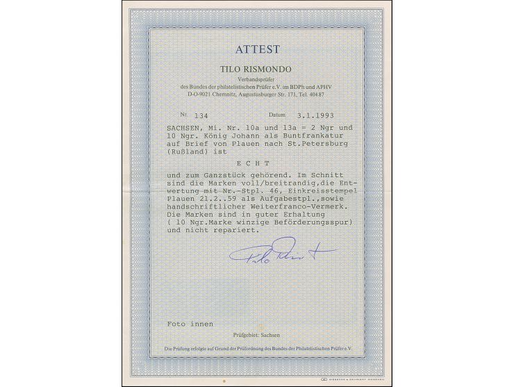 10 Ngr. milchblau und 2 Ngr. auf blau, beide noch voll- bis breitrandig, mit Nr. "46" und sauber nebengesetztem Einkreisstemp