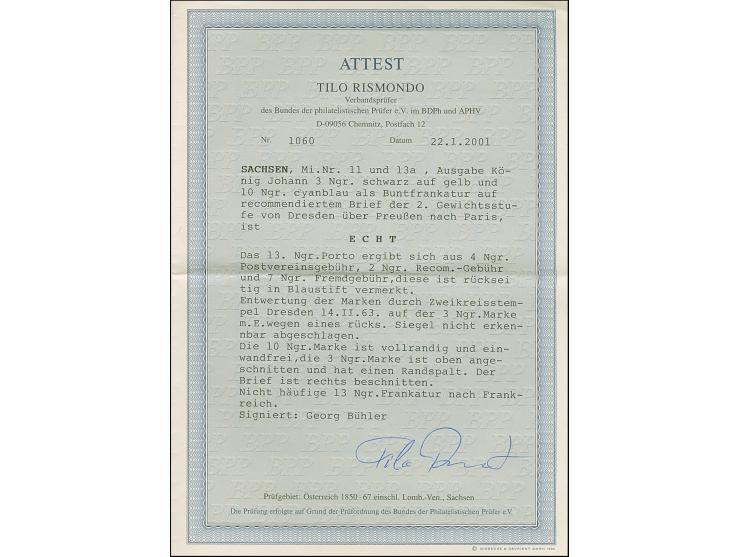 10 Ngr. milchblau, voll-bis breitrandig, zusammen mit leicht berührter 3 Ngr. auf gelb (kleiner Randspalt), mit auf- und nebe