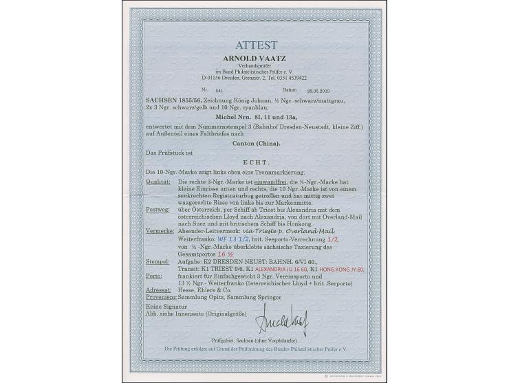 10 Ngr. milchblau, ½ Ngr. auf mattgrau und 2 Einzelwerte 3 Ngr. auf gelb, &nbsp;mit Nr. "3" und nebengesetztem Doppelkreisste