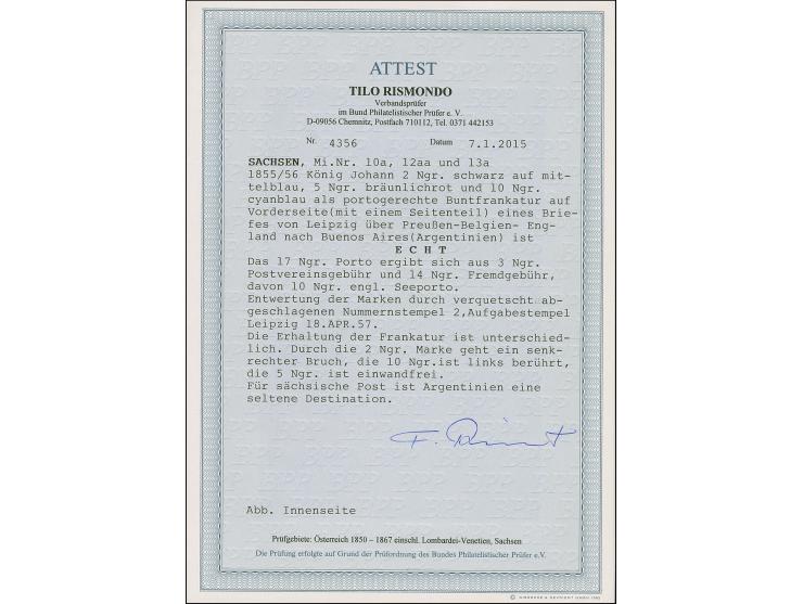 10 Ngr. milchblau, 5 Ngr. bräunlichrot und 2 Ngr. auf blau, als Streifen geklebt, mit verquetscht aufgesetzter Nr. "2" und ne