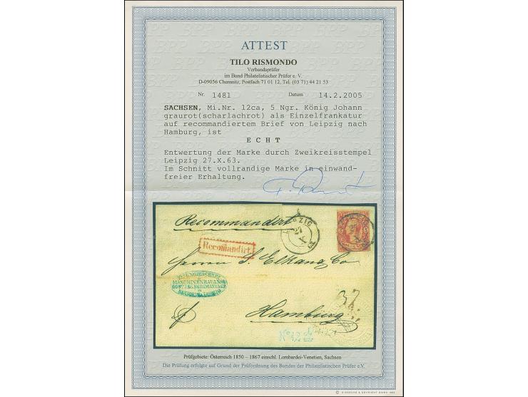 5 Ngr. lebhaftgraurot, farbfrisch und voll- bis breitrandig, mit Doppelkreisstempel "LEIPZIG 27 X 63" auf eingeschriebener Br