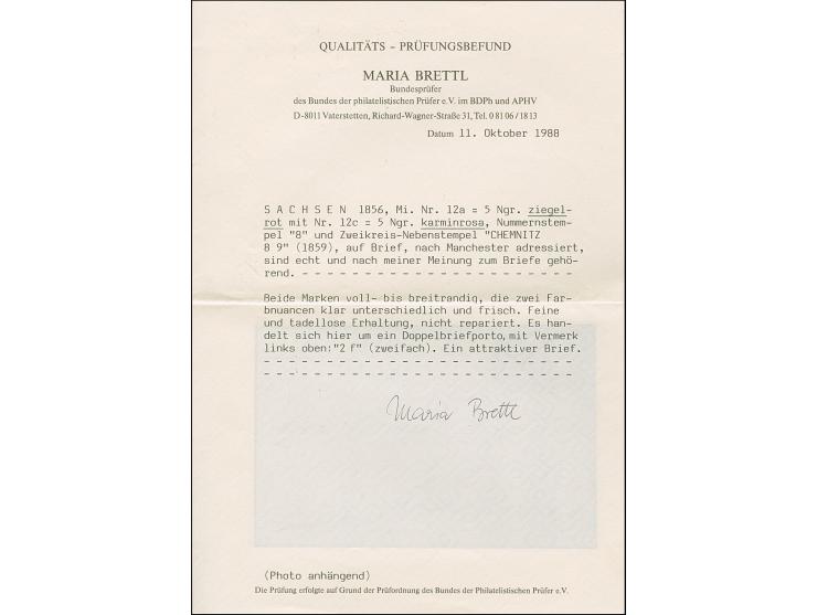 5 Ngr. ziegelrot, zusammen mit 5 Ngr. karminrosa auf glasigem Papier, beide voll- bis breitrandig, mit Nr. "8" und nebengeset