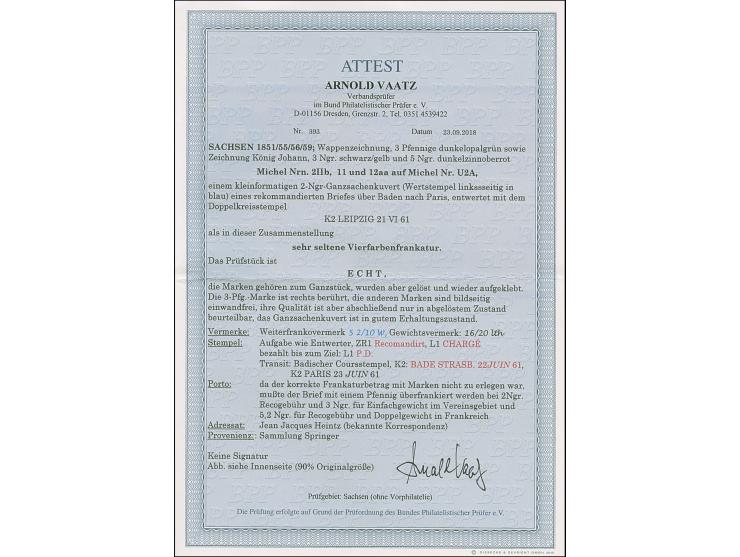 5 Neugroschen bräunlichrot, 3 Neugroschen auf gelb und 1851/63, Wappen 3 Pfennige grün, Letztere kurz gering berührt, sonst a