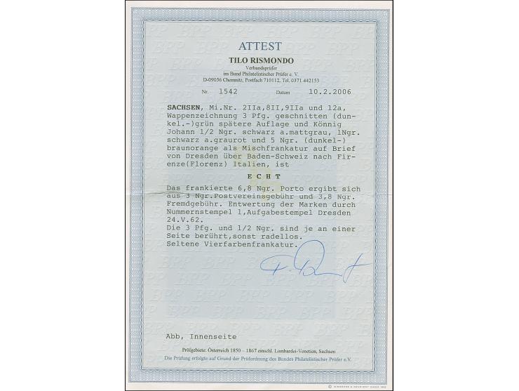 5 Ngr. ziegelrot, voll- bis breitrandig, zusammen mit 1 Ngr. auf mattgraurot, ½ Ngr. auf grau und 1851/63, 3 Pfg. grün (letzt