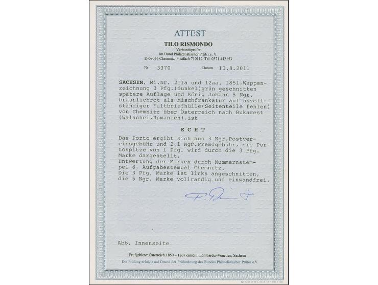 5 Ngr. dunkelzinnoberrot, vollrandig, mit etwas angeschnittener Wappen 3 Pfg. grün, mit Nr. "8" und sauber nebengesetztem DKr