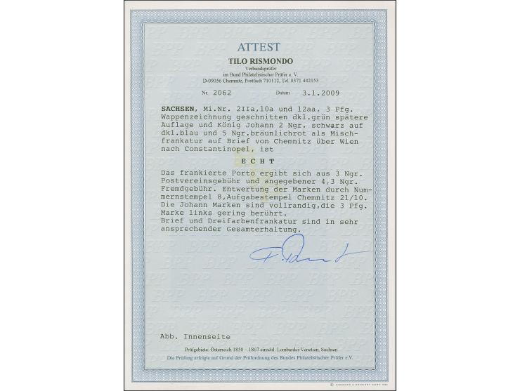 5 Ngr. ziegelrot, 2 Ngr. auf blau und 1851/63, Wappen 3 Pfennig grün, letztere minimal berührt, mit Nr. "8" und sauber nebeng